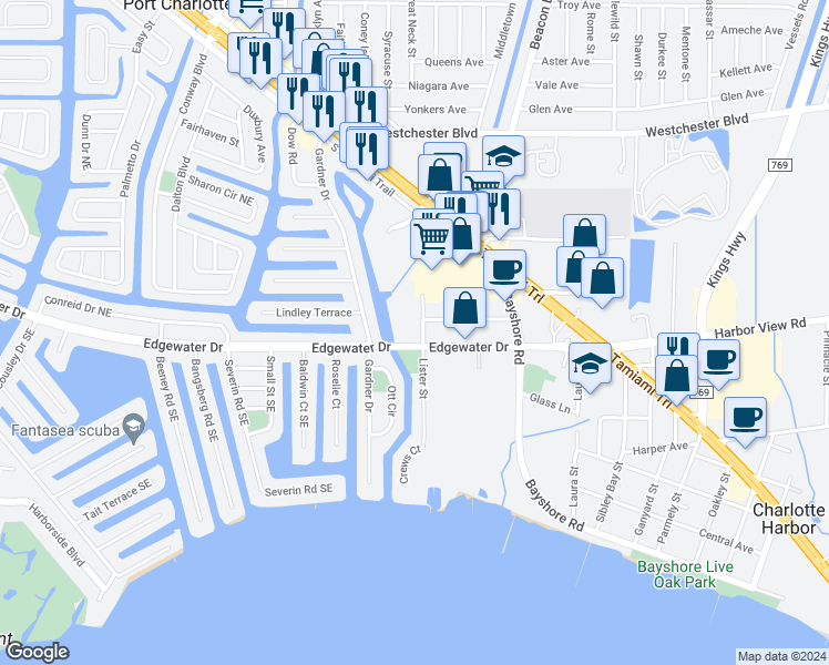 map of restaurants, bars, coffee shops, grocery stores, and more near 22278 Vick Street in Port Charlotte
