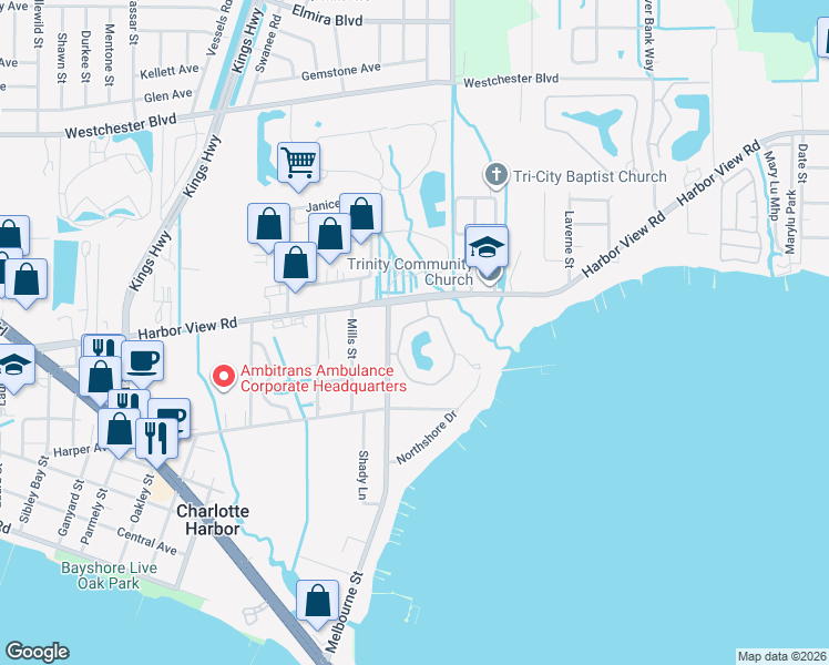map of restaurants, bars, coffee shops, grocery stores, and more near 23465 Harbor View Road in Punta Gorda