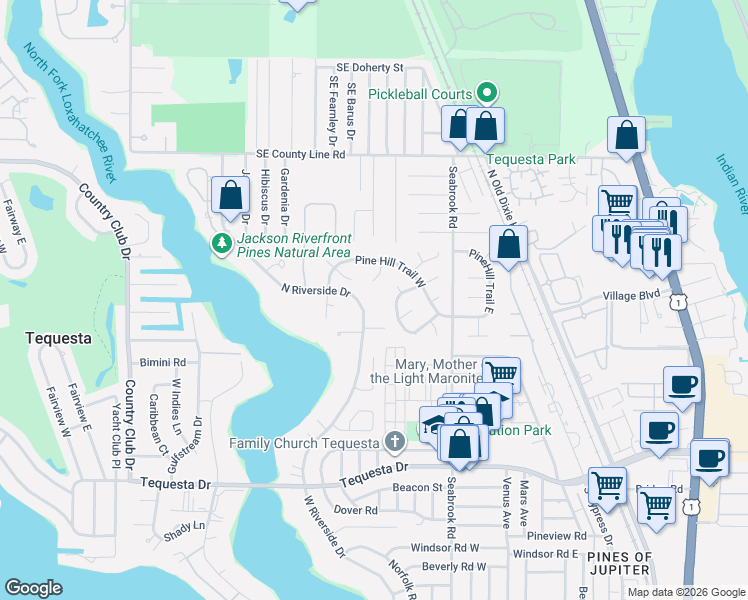 map of restaurants, bars, coffee shops, grocery stores, and more near 64 Birch Place in Tequesta