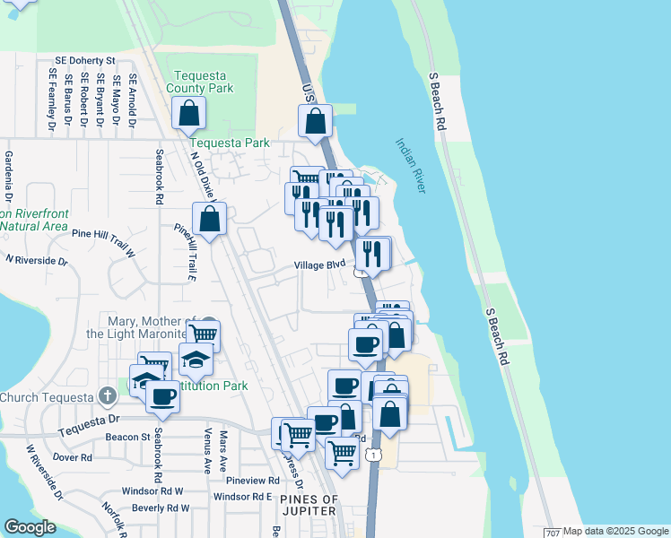 map of restaurants, bars, coffee shops, grocery stores, and more near 596 U.S. 1 in Tequesta