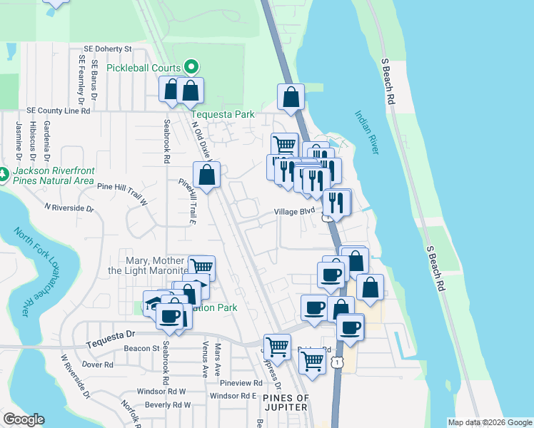 map of restaurants, bars, coffee shops, grocery stores, and more near 211 Village Boulevard in Tequesta