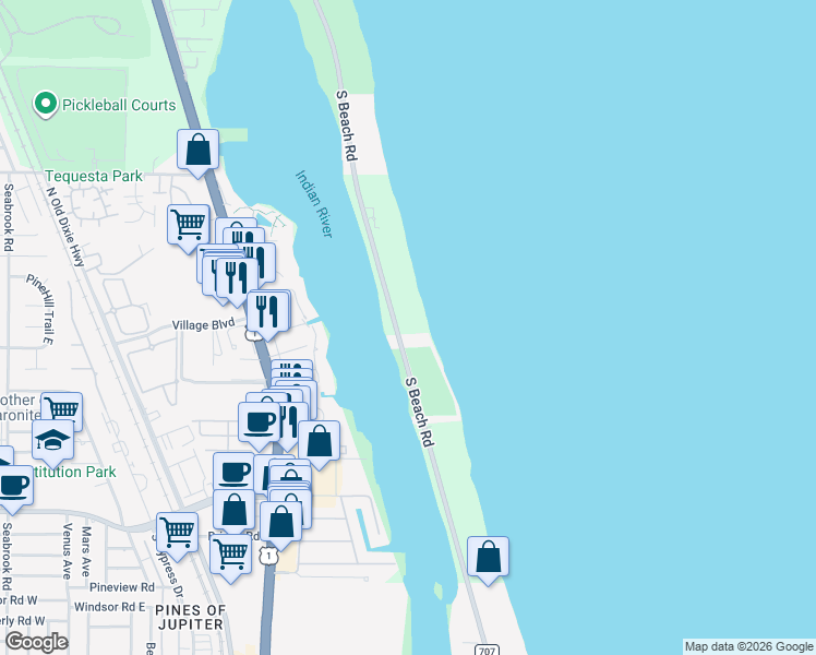 map of restaurants, bars, coffee shops, grocery stores, and more near 19670 South Beach Road in Jupiter