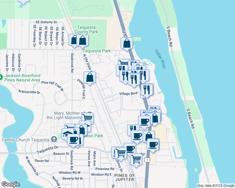 map of restaurants, bars, coffee shops, grocery stores, and more near 211 Village Boulevard in Tequesta