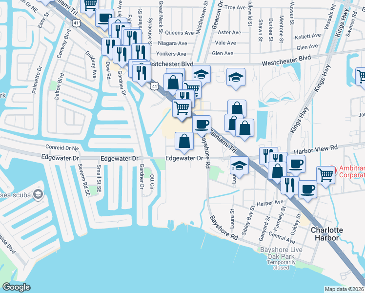 map of restaurants, bars, coffee shops, grocery stores, and more near 22325 Vick Street in Port Charlotte
