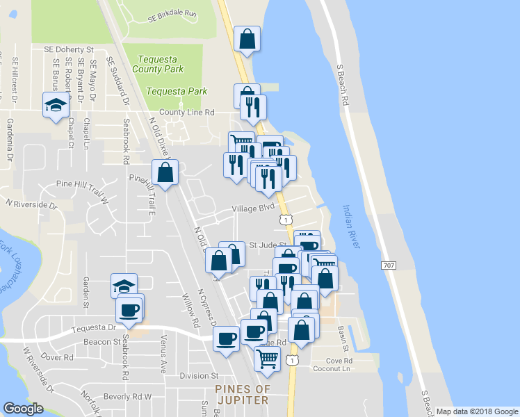 map of restaurants, bars, coffee shops, grocery stores, and more near 249 Village Boulevard in Tequesta