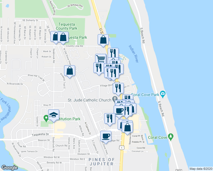 map of restaurants, bars, coffee shops, grocery stores, and more near 237 Village Boulevard in Tequesta