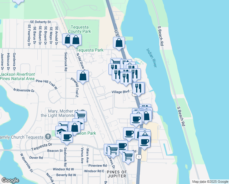 map of restaurants, bars, coffee shops, grocery stores, and more near 196 Village Boulevard in Tequesta