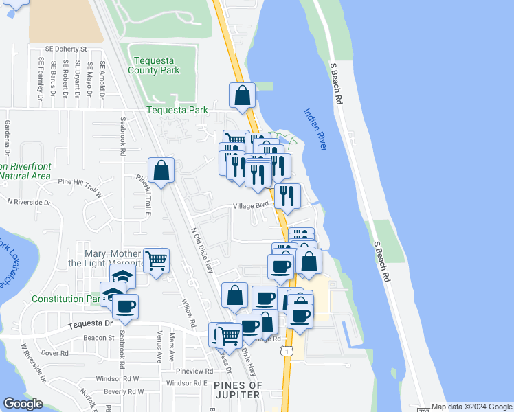 map of restaurants, bars, coffee shops, grocery stores, and more near 255 Village Boulevard in Tequesta