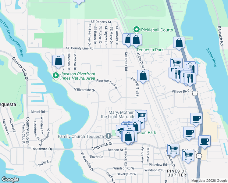 map of restaurants, bars, coffee shops, grocery stores, and more near 78 Hickory Hill Road in Jupiter