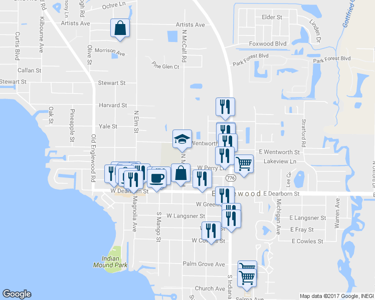 map of restaurants, bars, coffee shops, grocery stores, and more near 185 N McCall Rd in Englewood