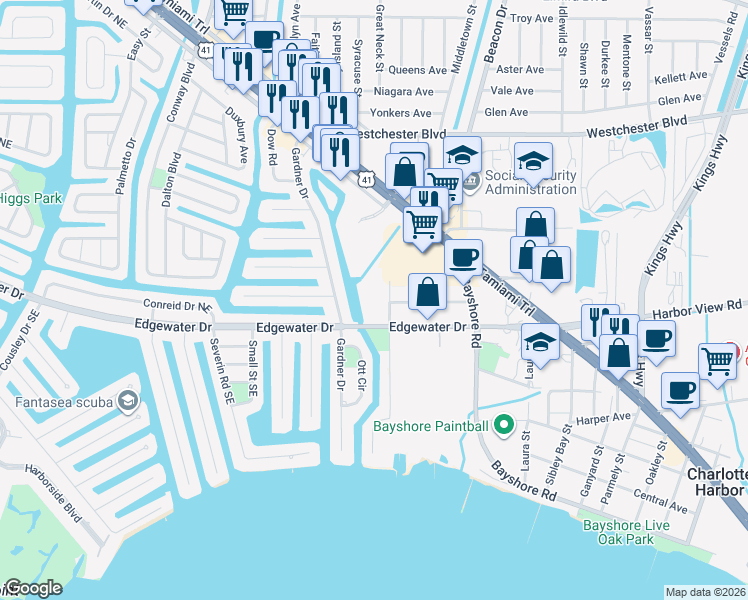 map of restaurants, bars, coffee shops, grocery stores, and more near 22278 Vick Street in Port Charlotte