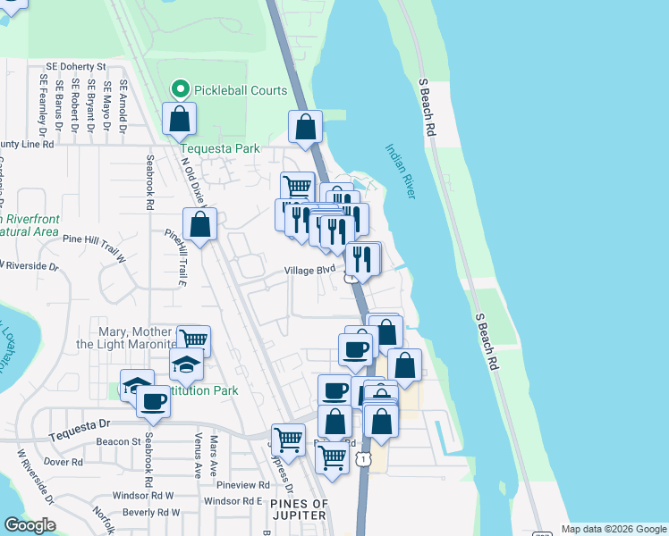 map of restaurants, bars, coffee shops, grocery stores, and more near 273 Village Boulevard in Tequesta