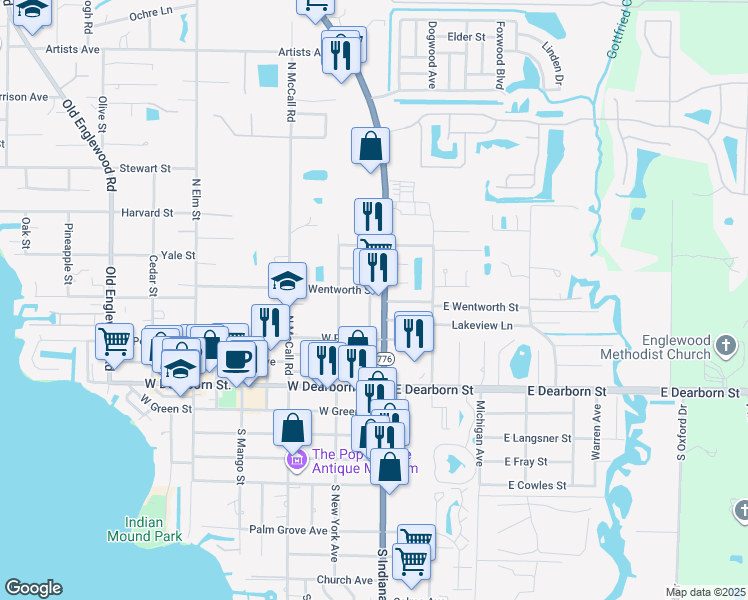 map of restaurants, bars, coffee shops, grocery stores, and more near 180 North Indiana Avenue in Englewood