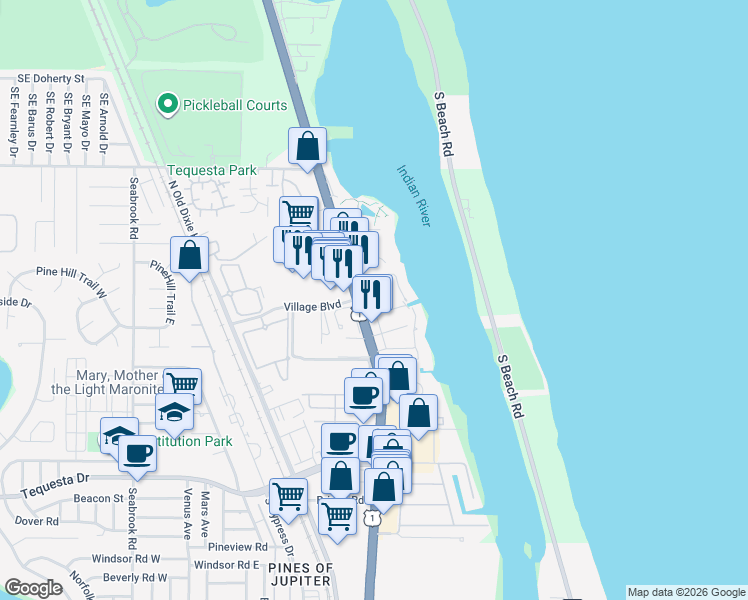 map of restaurants, bars, coffee shops, grocery stores, and more near 3486 Canal Court in Jupiter