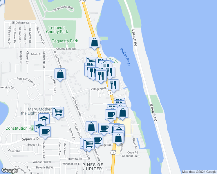 map of restaurants, bars, coffee shops, grocery stores, and more near US-1 & Village Blvd in Tequesta