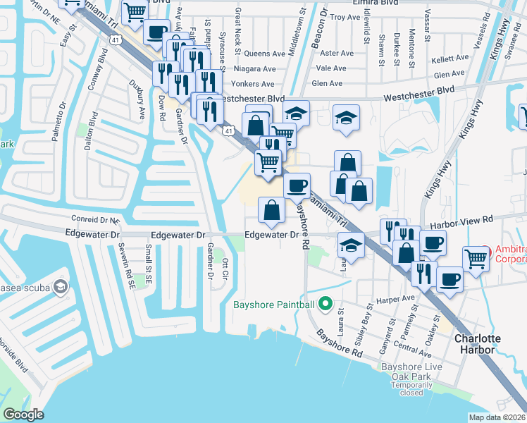 map of restaurants, bars, coffee shops, grocery stores, and more near 22286 Vick Street in Port Charlotte