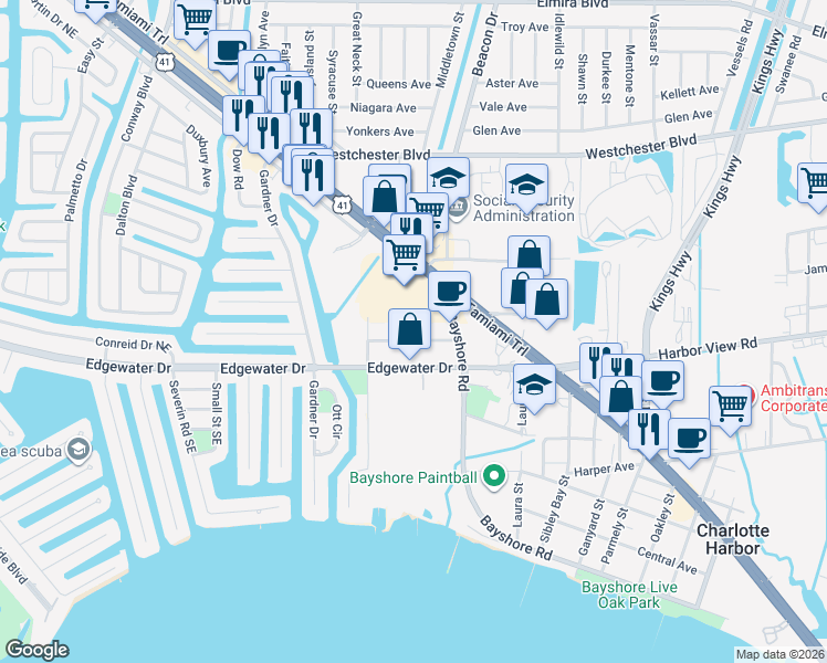 map of restaurants, bars, coffee shops, grocery stores, and more near 22302 Vick Street in Port Charlotte