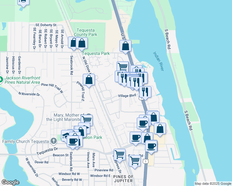 map of restaurants, bars, coffee shops, grocery stores, and more near 211 Village Boulevard in Tequesta