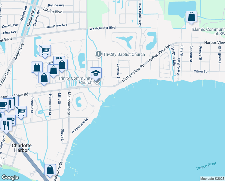 map of restaurants, bars, coffee shops, grocery stores, and more near 24105 Harbor View Road in Port Charlotte