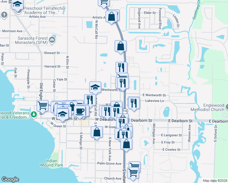 map of restaurants, bars, coffee shops, grocery stores, and more near 75 West Wentworth Street in Englewood