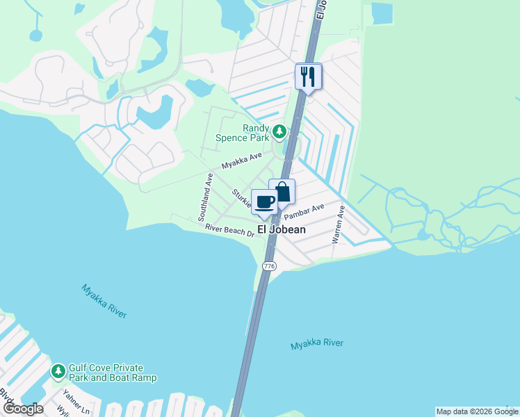 map of restaurants, bars, coffee shops, grocery stores, and more near 4345 Garden Road in Port Charlotte