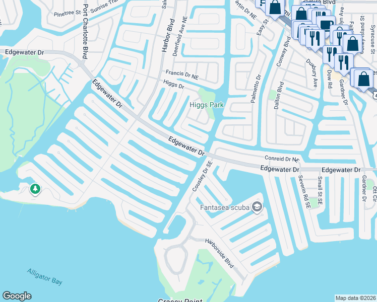 map of restaurants, bars, coffee shops, grocery stores, and more near 21373 Edgewater Drive in Port Charlotte