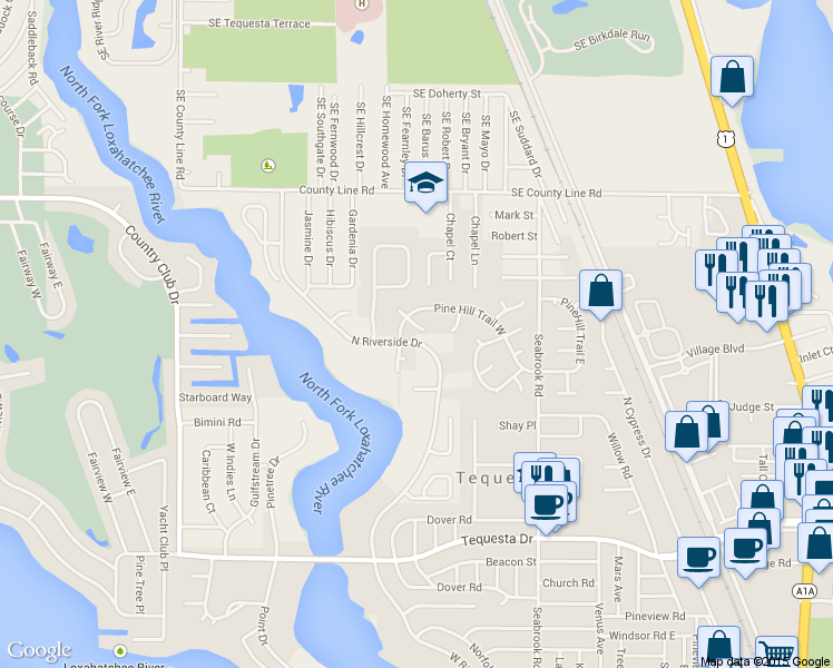 map of restaurants, bars, coffee shops, grocery stores, and more near 110 Beechwood Trail in Jupiter