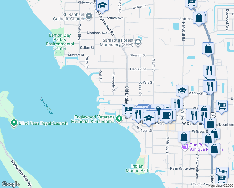 map of restaurants, bars, coffee shops, grocery stores, and more near 202 Pineapple Street in Englewood