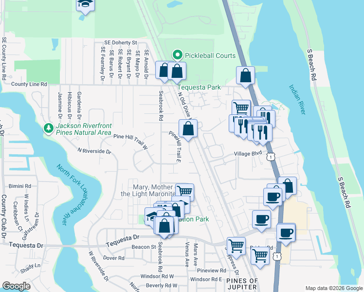 map of restaurants, bars, coffee shops, grocery stores, and more near 38 Poplar Road in Jupiter