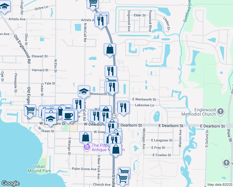 map of restaurants, bars, coffee shops, grocery stores, and more near 180 North Indiana Avenue in Englewood