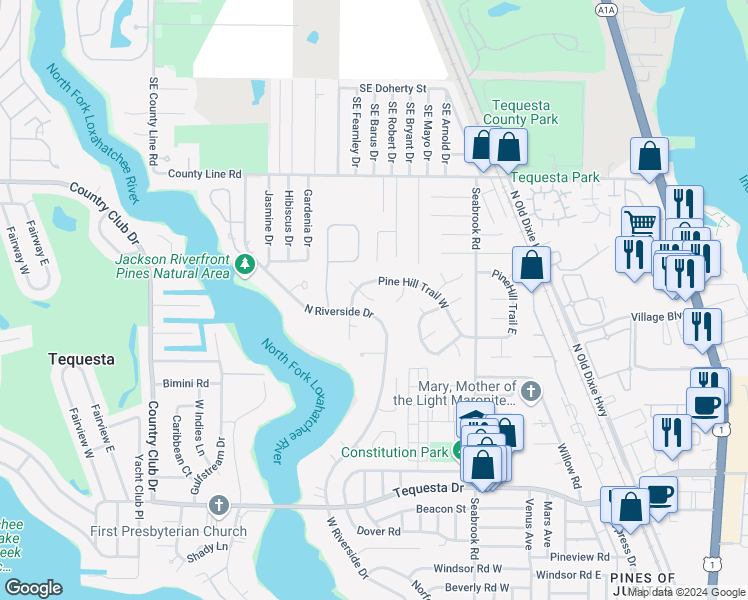 map of restaurants, bars, coffee shops, grocery stores, and more near 110 Beechwood Trail in Jupiter