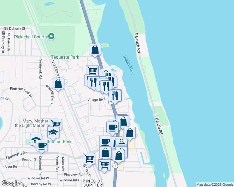 map of restaurants, bars, coffee shops, grocery stores, and more near 3486 Canal Court in Jupiter