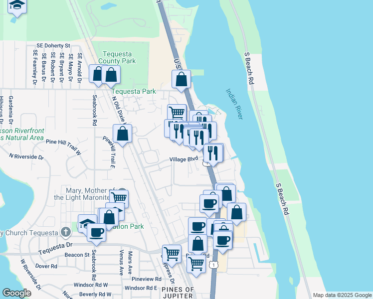 map of restaurants, bars, coffee shops, grocery stores, and more near 566 U.S. 1 in Tequesta