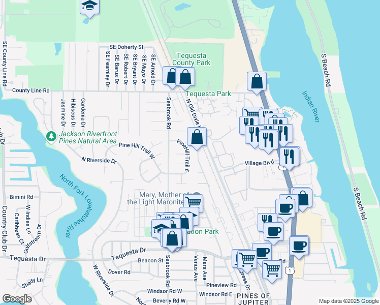 map of restaurants, bars, coffee shops, grocery stores, and more near 38 Poplar Road in Jupiter