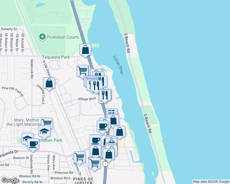 map of restaurants, bars, coffee shops, grocery stores, and more near 19660 Yacht Harbor Drive North in Jupiter