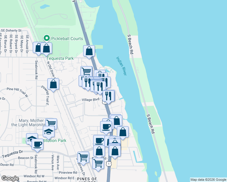 map of restaurants, bars, coffee shops, grocery stores, and more near 3475 Harbor Road North in Tequesta