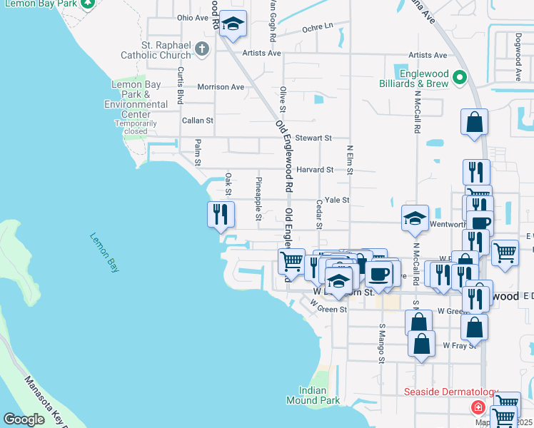 map of restaurants, bars, coffee shops, grocery stores, and more near 691 Yale Street in Englewood