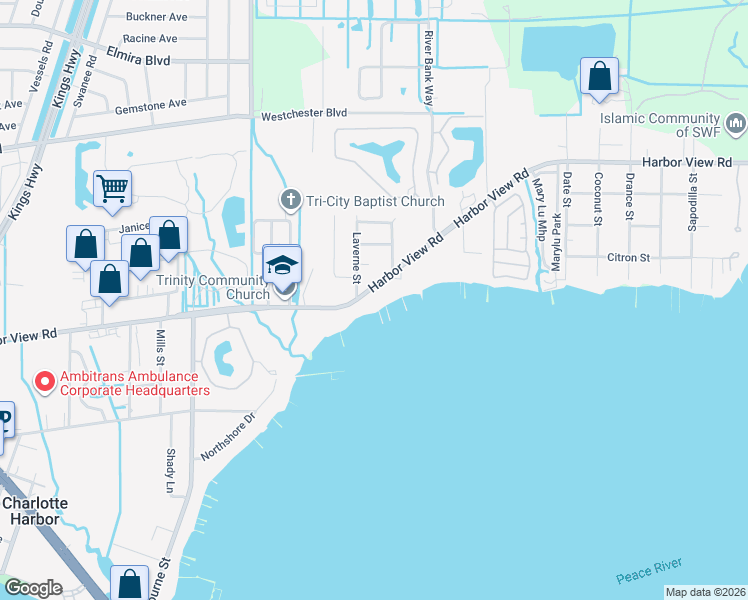 map of restaurants, bars, coffee shops, grocery stores, and more near 24164 Harbor View Road in Port Charlotte