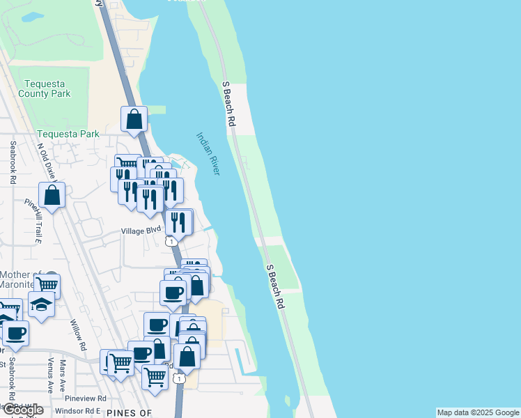 map of restaurants, bars, coffee shops, grocery stores, and more near 19700 South Beach Road in Tequesta