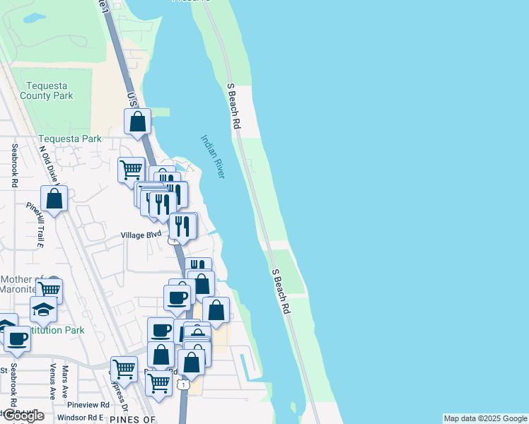map of restaurants, bars, coffee shops, grocery stores, and more near 19700 South Beach Road in Tequesta