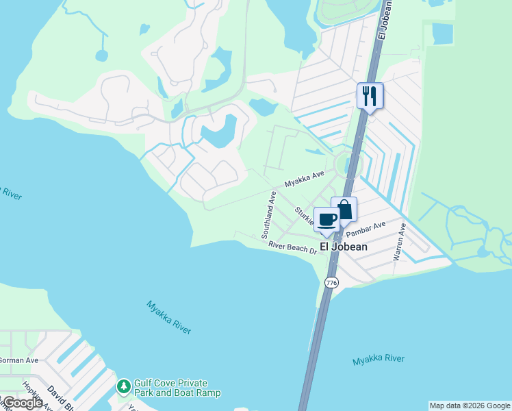 map of restaurants, bars, coffee shops, grocery stores, and more near 14173 Myakka Avenue in Port Charlotte