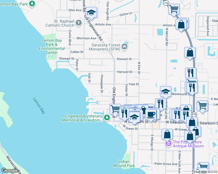 map of restaurants, bars, coffee shops, grocery stores, and more near 633 Yale Street in Englewood