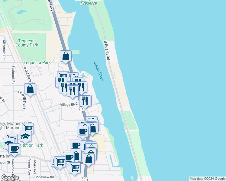 map of restaurants, bars, coffee shops, grocery stores, and more near 19700 South Beach Road in Tequesta