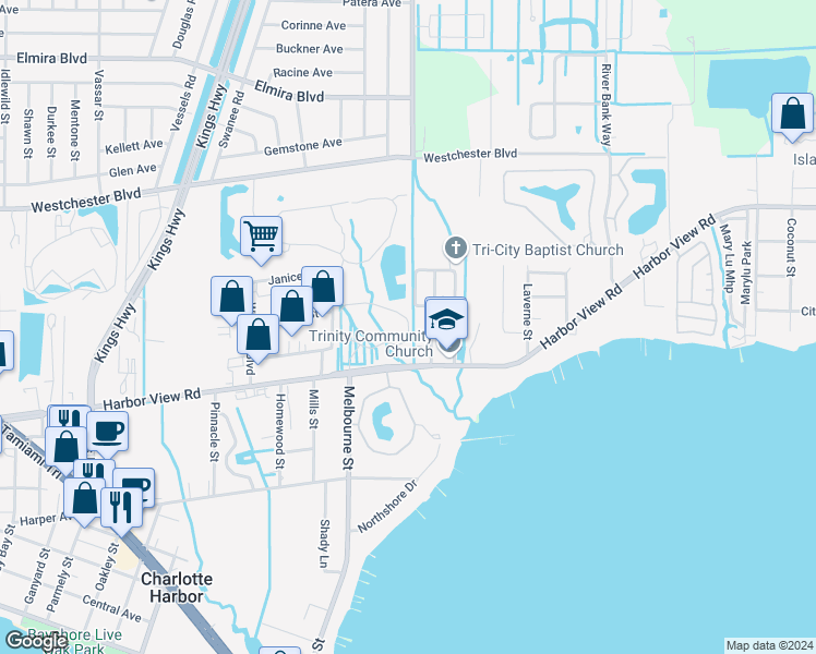 map of restaurants, bars, coffee shops, grocery stores, and more near 24010 Harbor View Road in Port Charlotte