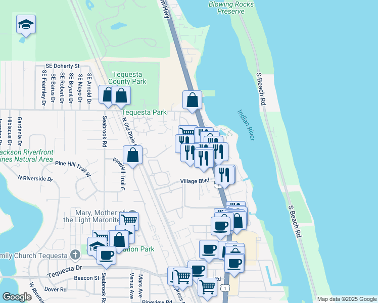 map of restaurants, bars, coffee shops, grocery stores, and more near 500 North US Highway 1 in Tequesta