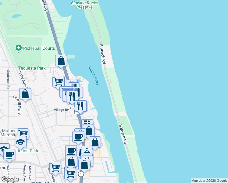 map of restaurants, bars, coffee shops, grocery stores, and more near 19700 South Beach Road in Tequesta