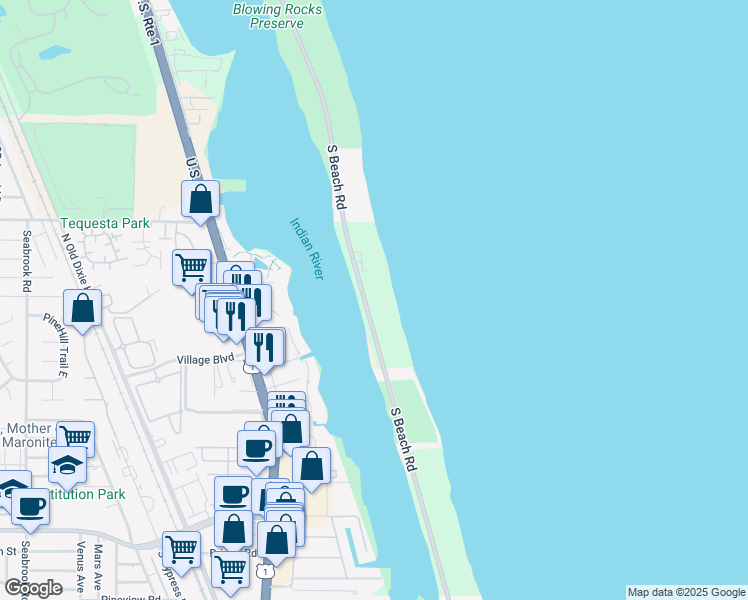 map of restaurants, bars, coffee shops, grocery stores, and more near 19750 South Beach Road in Jupiter