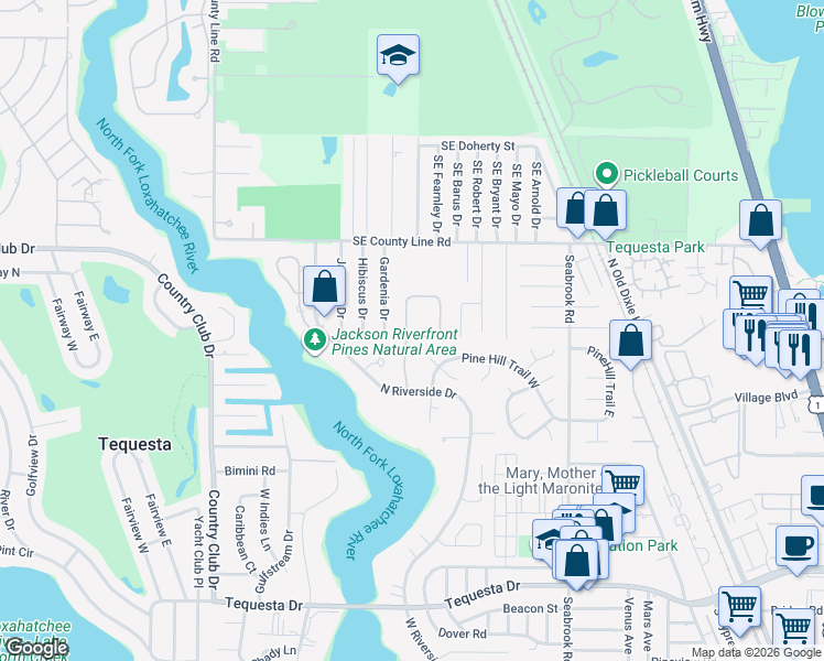 map of restaurants, bars, coffee shops, grocery stores, and more near 146 Magnolia Way in Tequesta