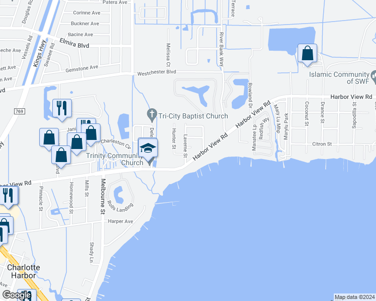 map of restaurants, bars, coffee shops, grocery stores, and more near 24164 Harbor View Road in Port Charlotte