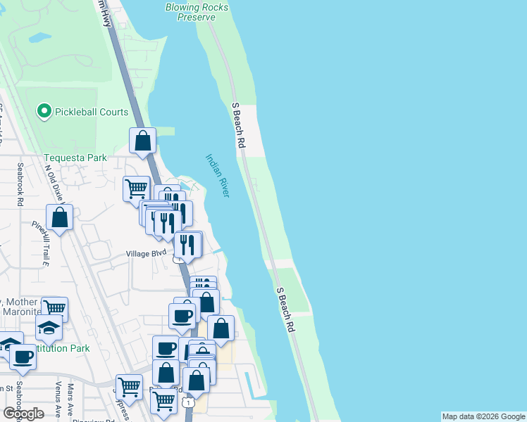 map of restaurants, bars, coffee shops, grocery stores, and more near 19700 South Beach Road in Tequesta